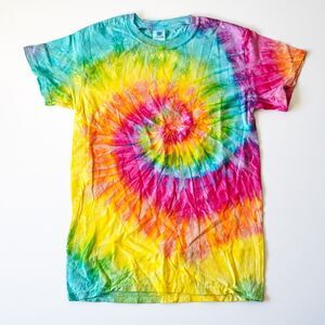 Rainbow Swirl Colorful Tie Dye Short Sleeve Tee Shirt T-Shirt Small Yellow Pink